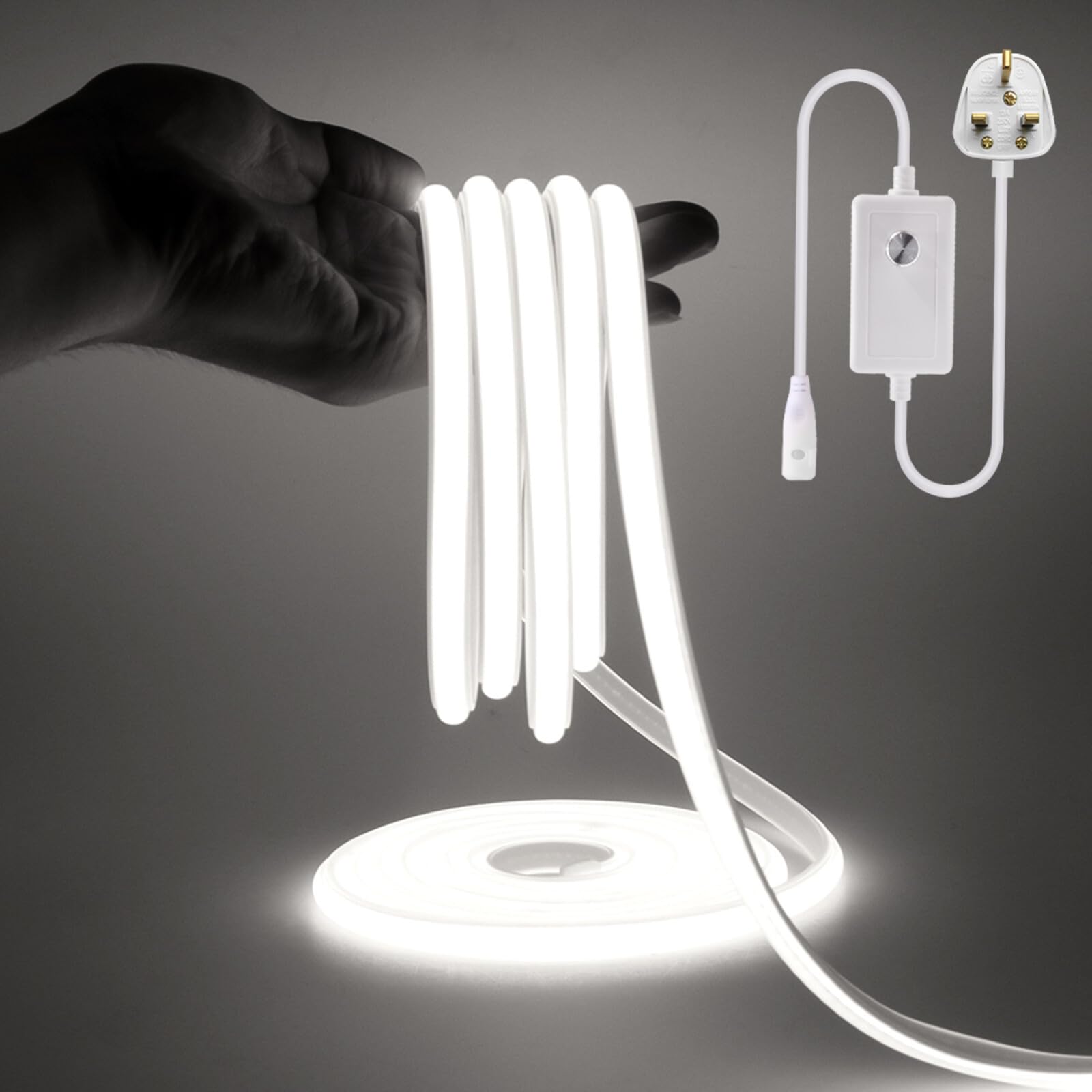 KAFULA 220V dimmable COB LED Light Strip, IP65 Waterproof Flexible, 288 LEDs/m Super Bright FCOB LED neon Light CRI90+, can be Cut Every 50 cm, Home Decoration [17m, White Light 6000K]