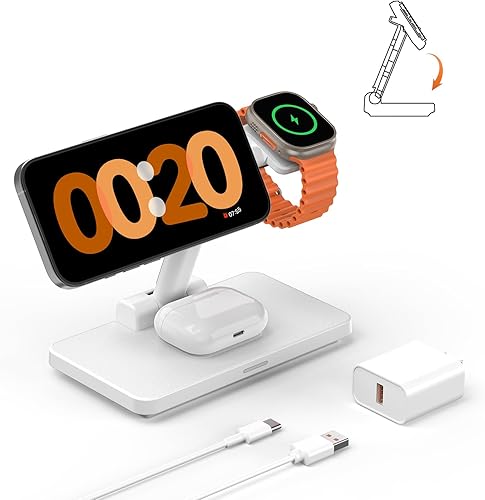 Miniatura 8 de JoyGeek - Estación de carga magnética 3 en 1 Mag-Safe para iPhone 141312 Series iWatch 87SE65432 AirPods 3Pro2 con adaptador QC30 color blanco