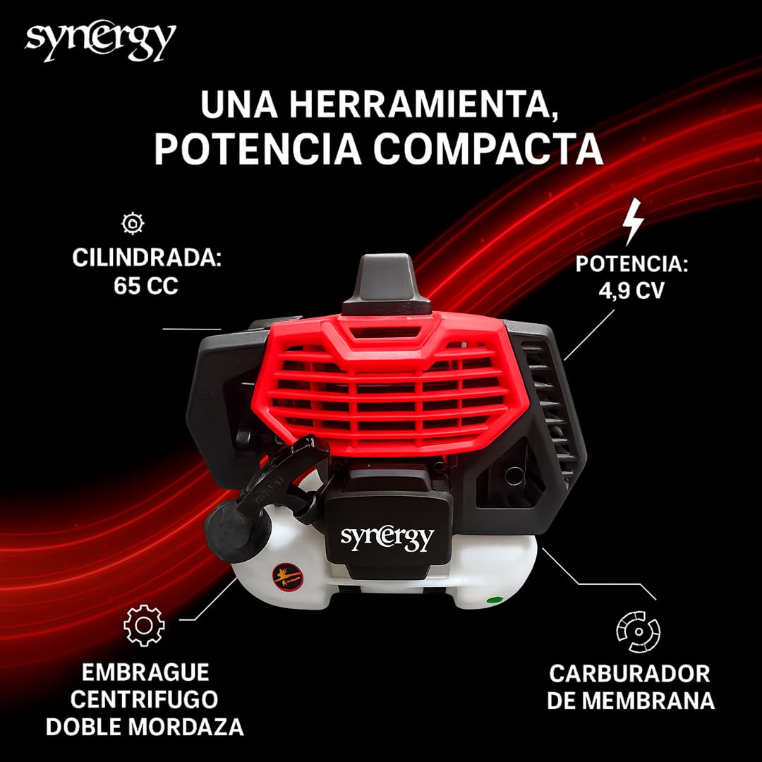 Synergy Desbrozadora Gasolina 2 en1-65cc 4,9cv Motor 2 Tiempos- Disco de 3 Puntas, Cabezal Automático, Arnés y 12m de Hilo