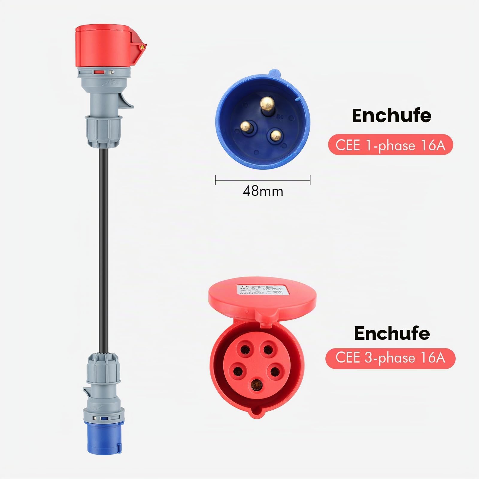 3 adaptadores CEE para enchufes Schuko, juego de adaptadores CEE 16A | 5 pines para enchufes domésticos CEE rojo 32A/CEE azul 16A/230V, 3 x 2,5 mm² H07RN-F 16A, juego de adaptadores