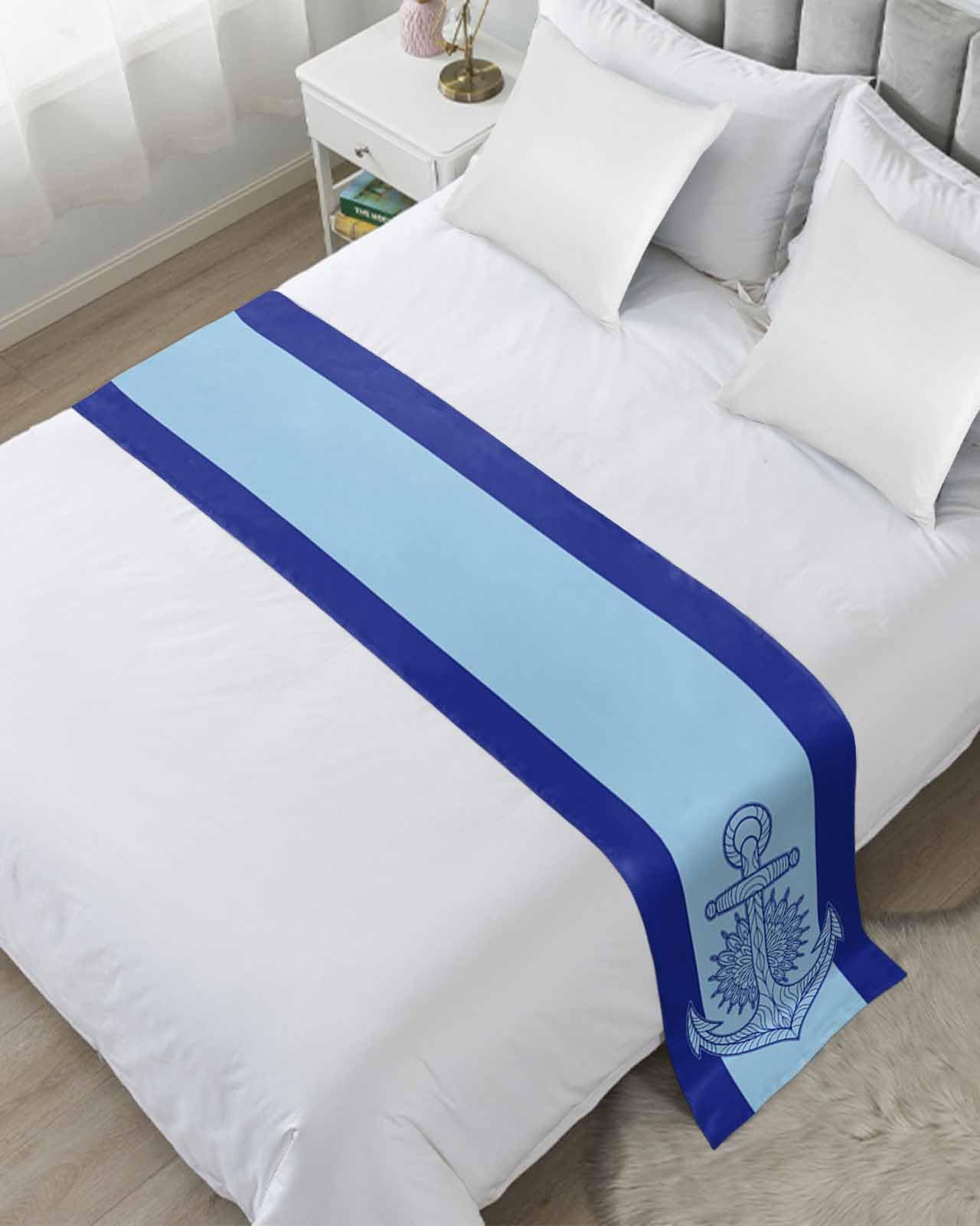 Twin Bed Runner Summer Nautical Abstract Anchor Bedding Runner Scarves Decorative Bed Scarf, Classical Blue Stripes Soft Bedding Scarf for Bedroom Hotel Wedding 94x20in