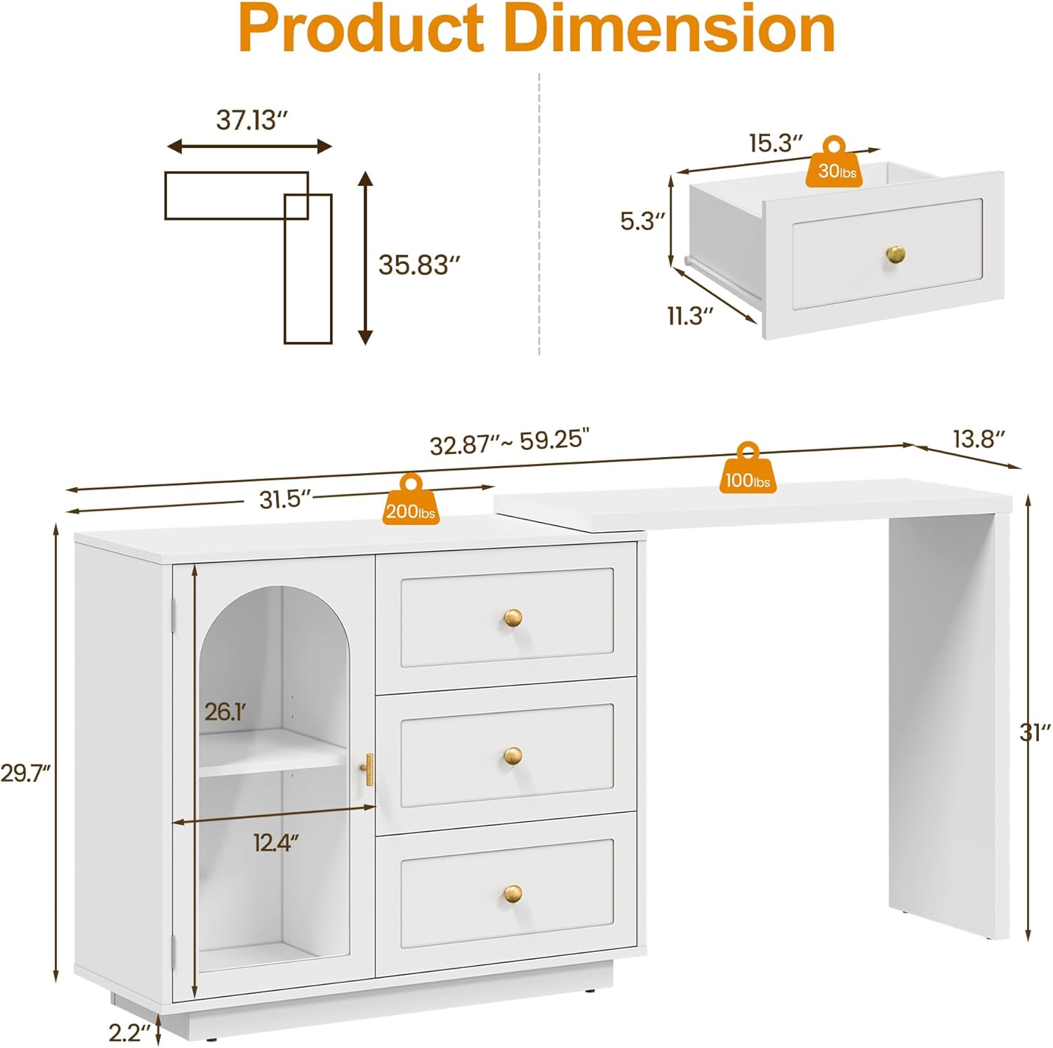RoyalCraft 59” Makeup Vanity Desk, White Vanity Dresser Combo, Modern Dressing Table with 3 Drawer & 1 Door, Vanity for Bedroom, L Sharped Corner Table for Working, Drawing, Nail Care (Without Mirror)