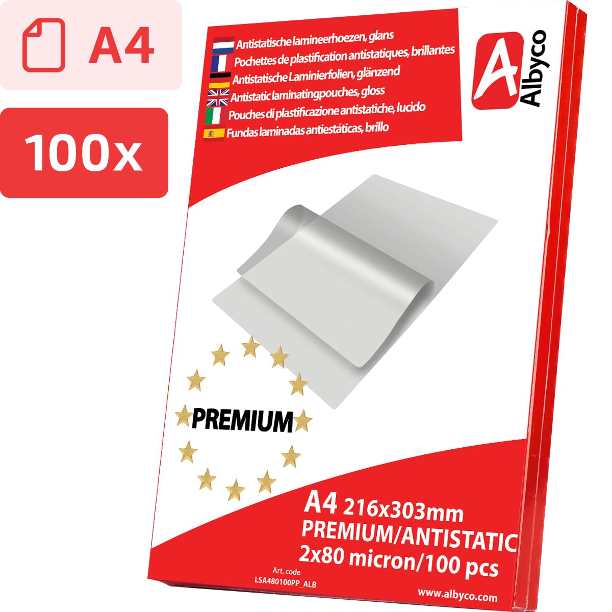 Pochettes de Plastification Premium ANTISTATIQUE A4 216x303mm 2x80 Microns Brillant Paquet de 100 Pièces