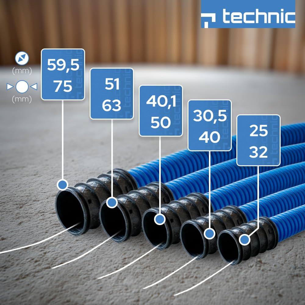 25 Metros - Tubo Corrugado Flexible de Protección Diámetro 50 mm (25 m) | Funda Corrugada de Doble Pared con Sonda Pasacables para Entierro y Conector 450N Azul Diámetro IP56 para Cables-EDO Technic