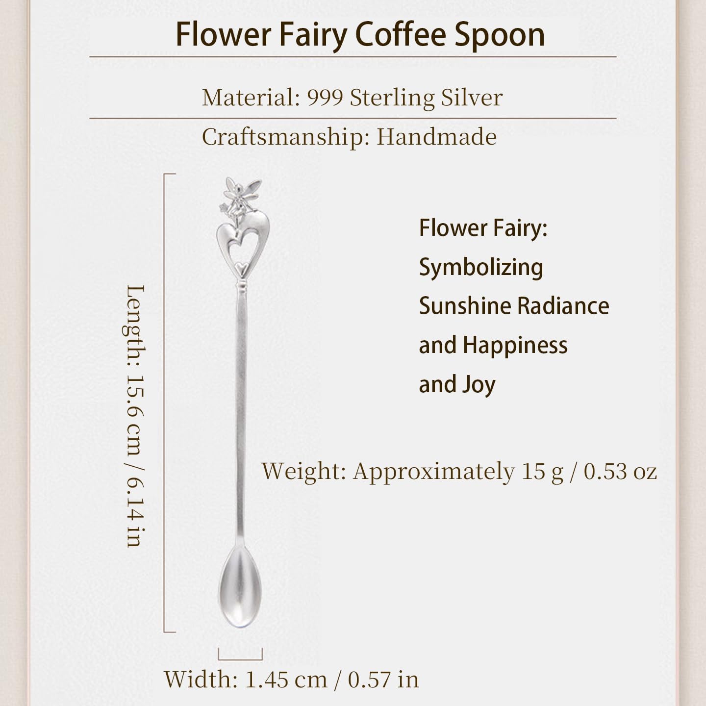 999 Sterling Silver Spoon, Handmade Flower Fairy shaped Handle, Dessert Iced-Tea Coffee Spoons with Certificate and Gift Box.