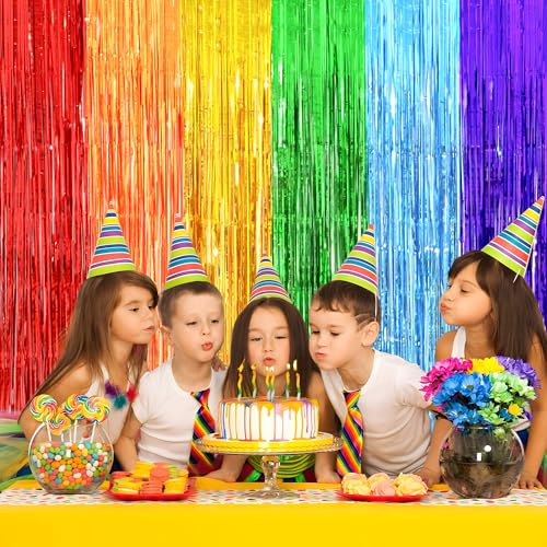 Image of Rainbow Party Decorations, Thicken 2 Pack 3.2 x 8.2 FT Pride Decorations Streamers Foil Fringe Backdrop Curtains for Kindergarten Preschool Graduation Decorations