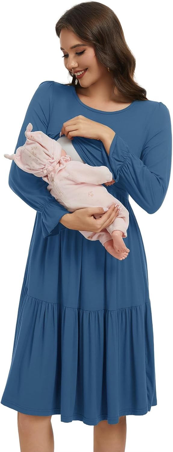 Smallshow Women's Maternity Nursing Dress Long Sleeve Ruffle Breastfeeding Clothes - Image 3