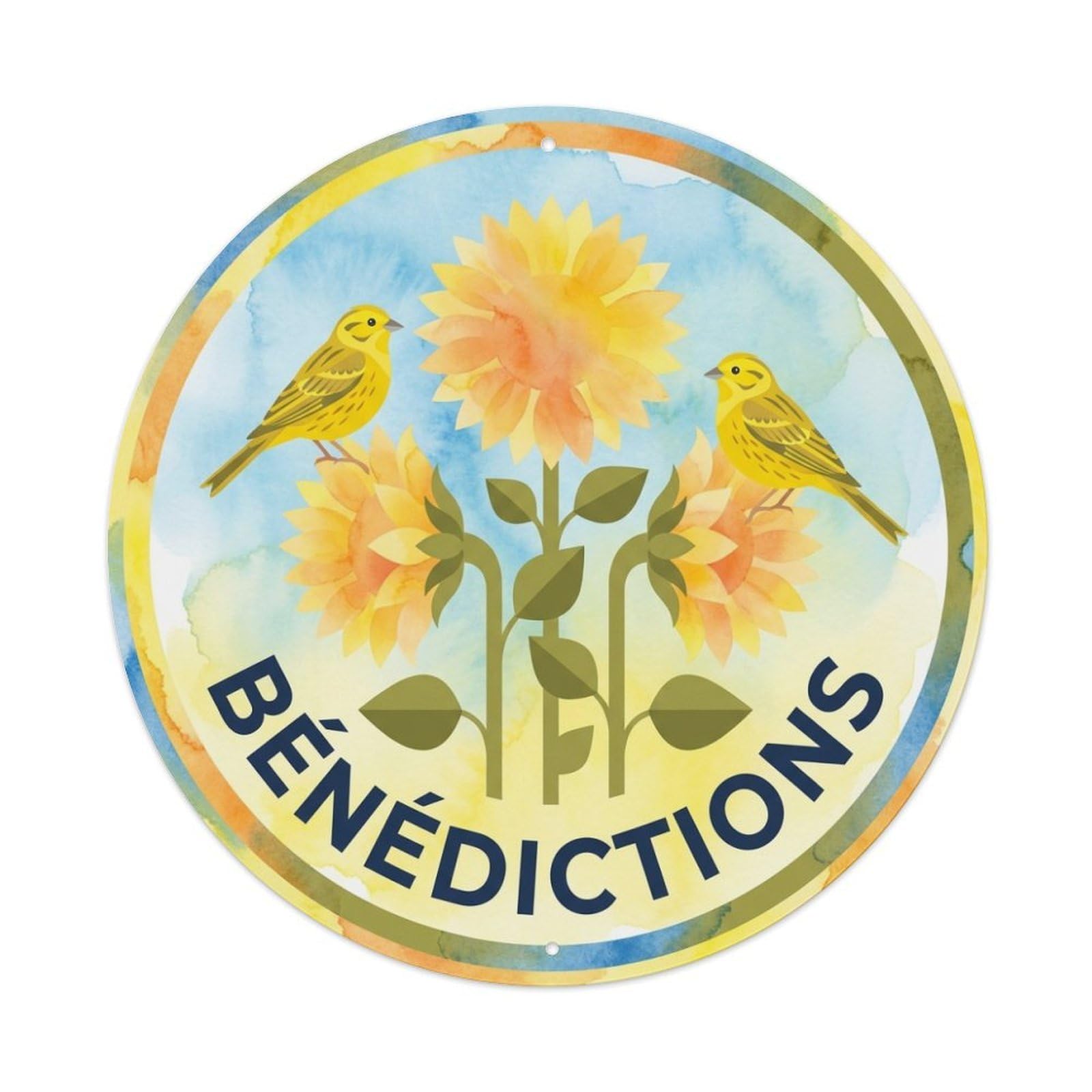 Watercolor Bird Slogan Benedictions Sunflower Metal Tin Sign