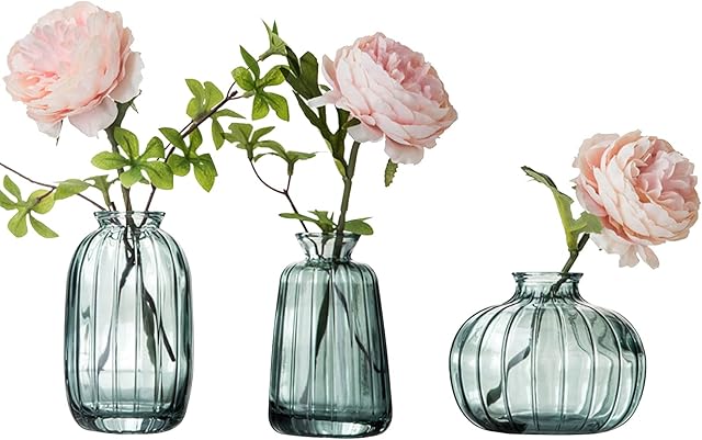 Small Glass Vase Set of 3 for Flowers Bud Vase Mini Vase Set for Table Decoration Home Decor Green