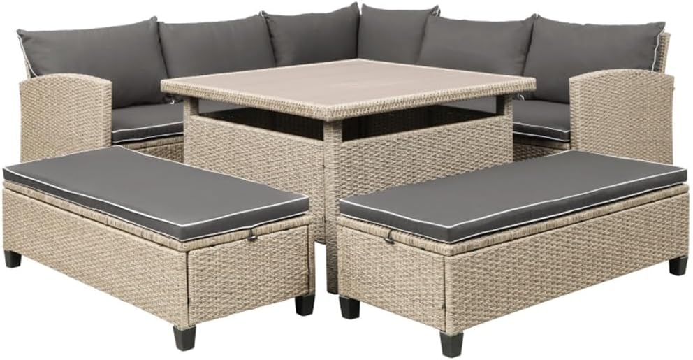 6-Piece Patio Furniture Set Outdoor Wicker Rattan Sectional Sofa with Table and Benches for Backyard, Garden, Poolside