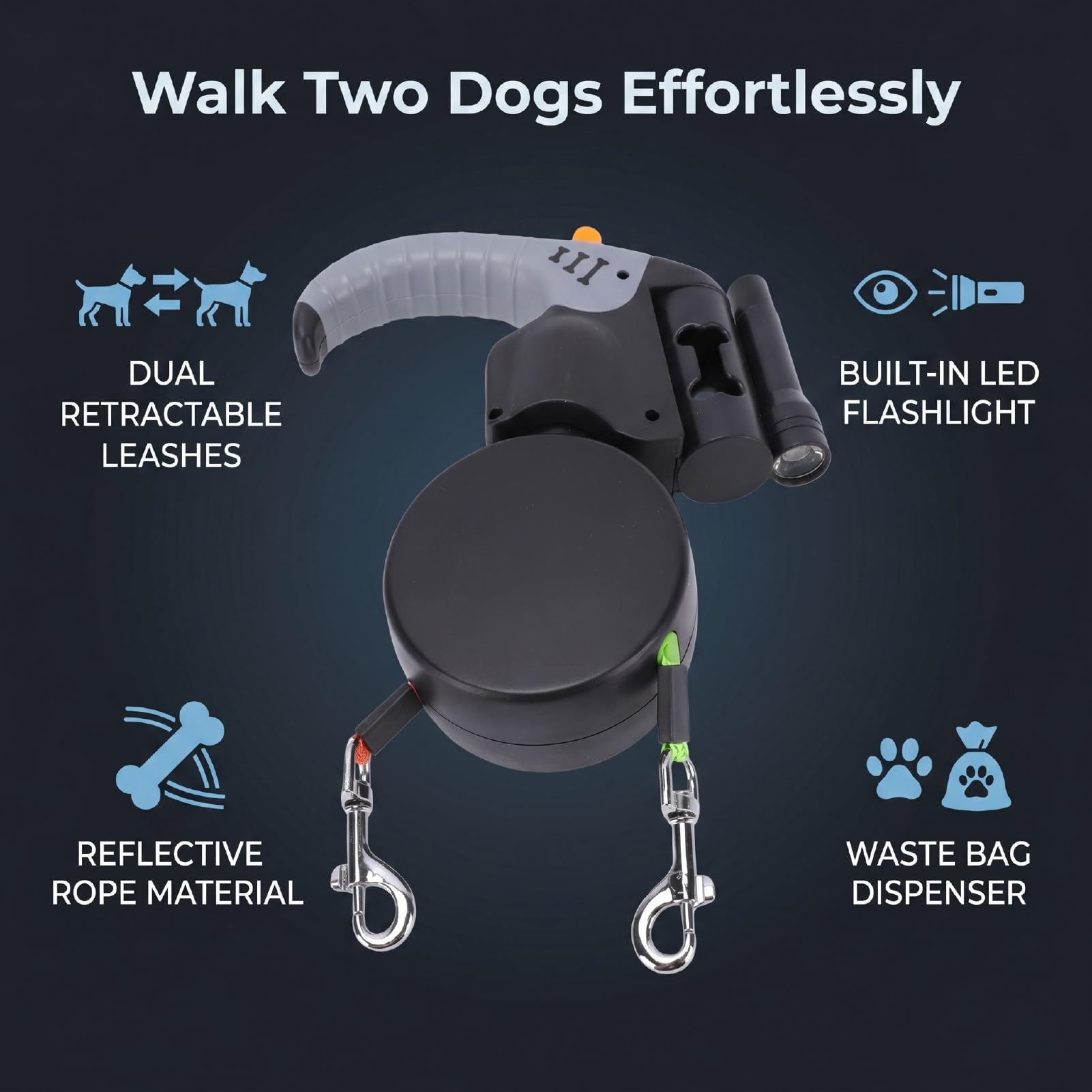 Generic Guinzaglio Doppio per Cani Antigroviglio a 360° con Luce LED e Supporto per Sacchetto dei Rifiuti Perfetto per le Passeggiate Serali per Cani Attivi (3 metri / 9,8 piedi)