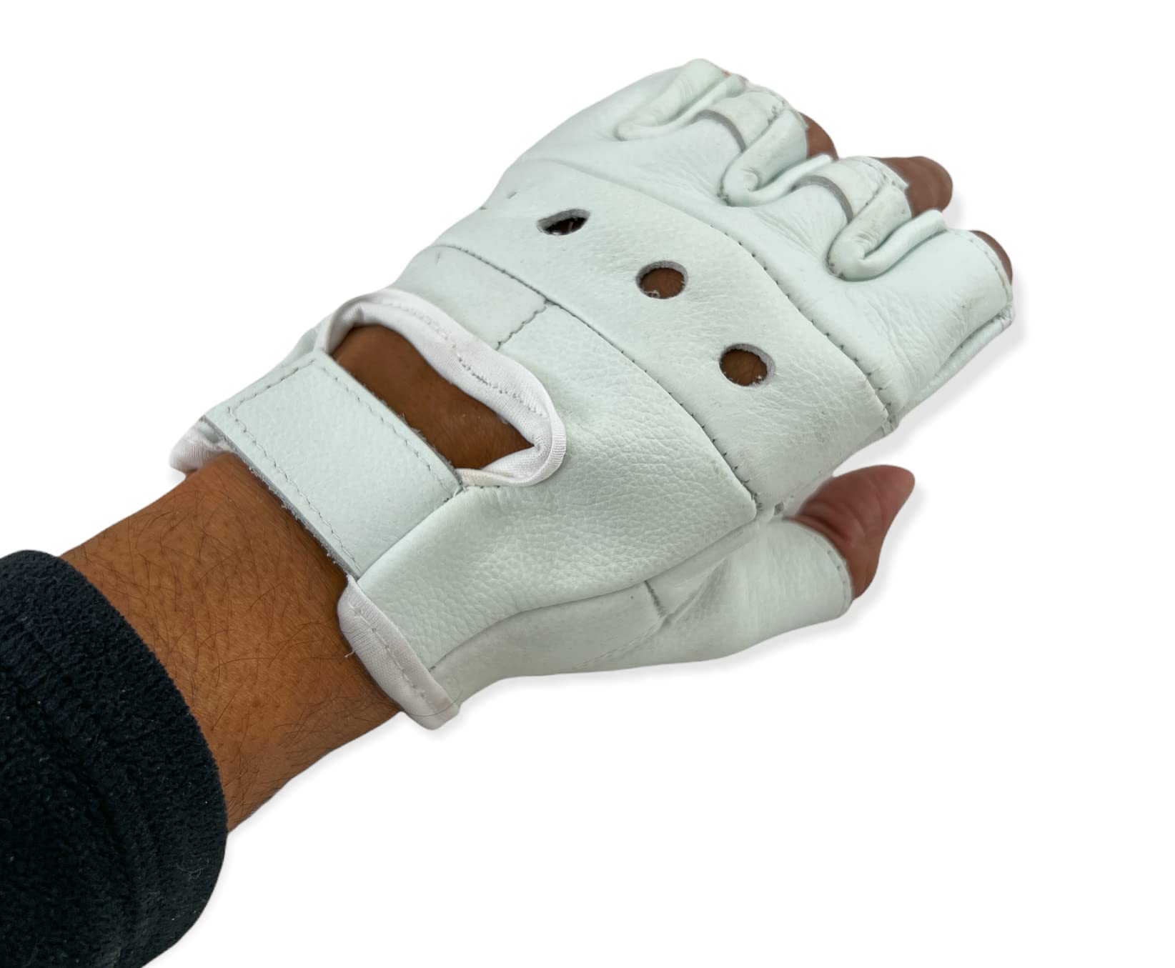 Men's Lightweight White Leather Fingerless Gloves Bikers Protective Rockers Glove (Medium)