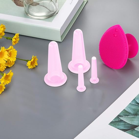 Silicone Cupping Therapy Set, 8 Pcs Face Cupping Set for Face and Eyes Cupping Massage, Face Cupping Set Silicone Cup with Peeling Brush for Face Neck Skin (Small Medium Large, Pink)