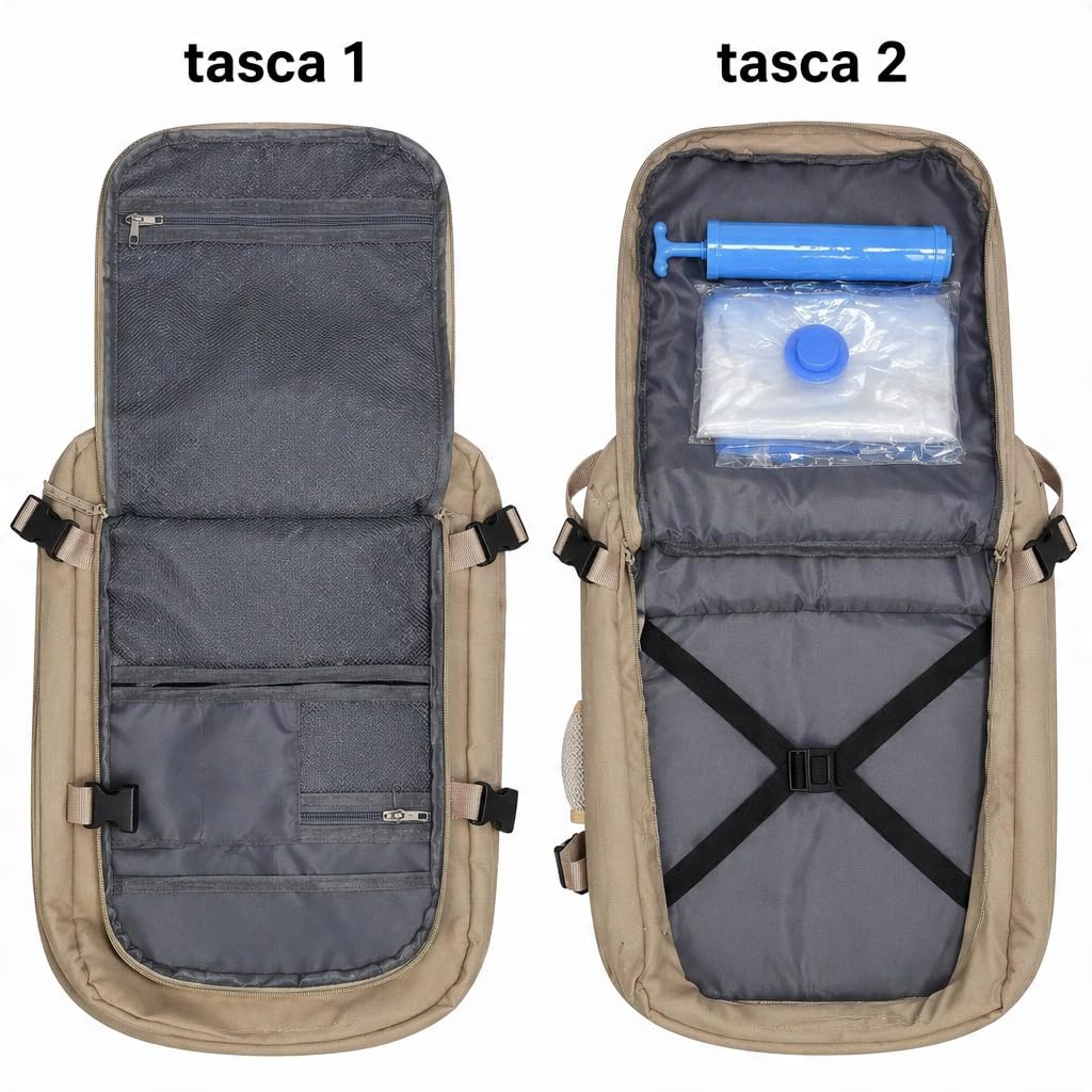 WHYGO Zaino da Viaggio 40x30x20 Impermeabile, Compatibile Ryanair - NERO | Capacità di 24 litri, Retro Traspirante - Apertura 180º con 2 Sacchetti Sottovuoto Inclusi - Ideale per Weekend e Trasferte