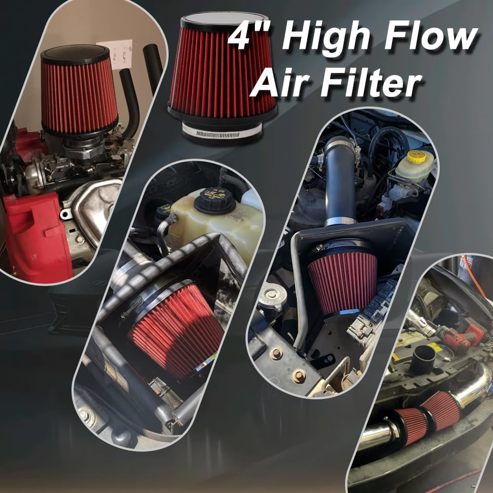4" Inlet Car Performance Reusable Cold Air Intake Filter Universal 100mm Clamp-on Cone Replacement Dry Air Filter (Red)