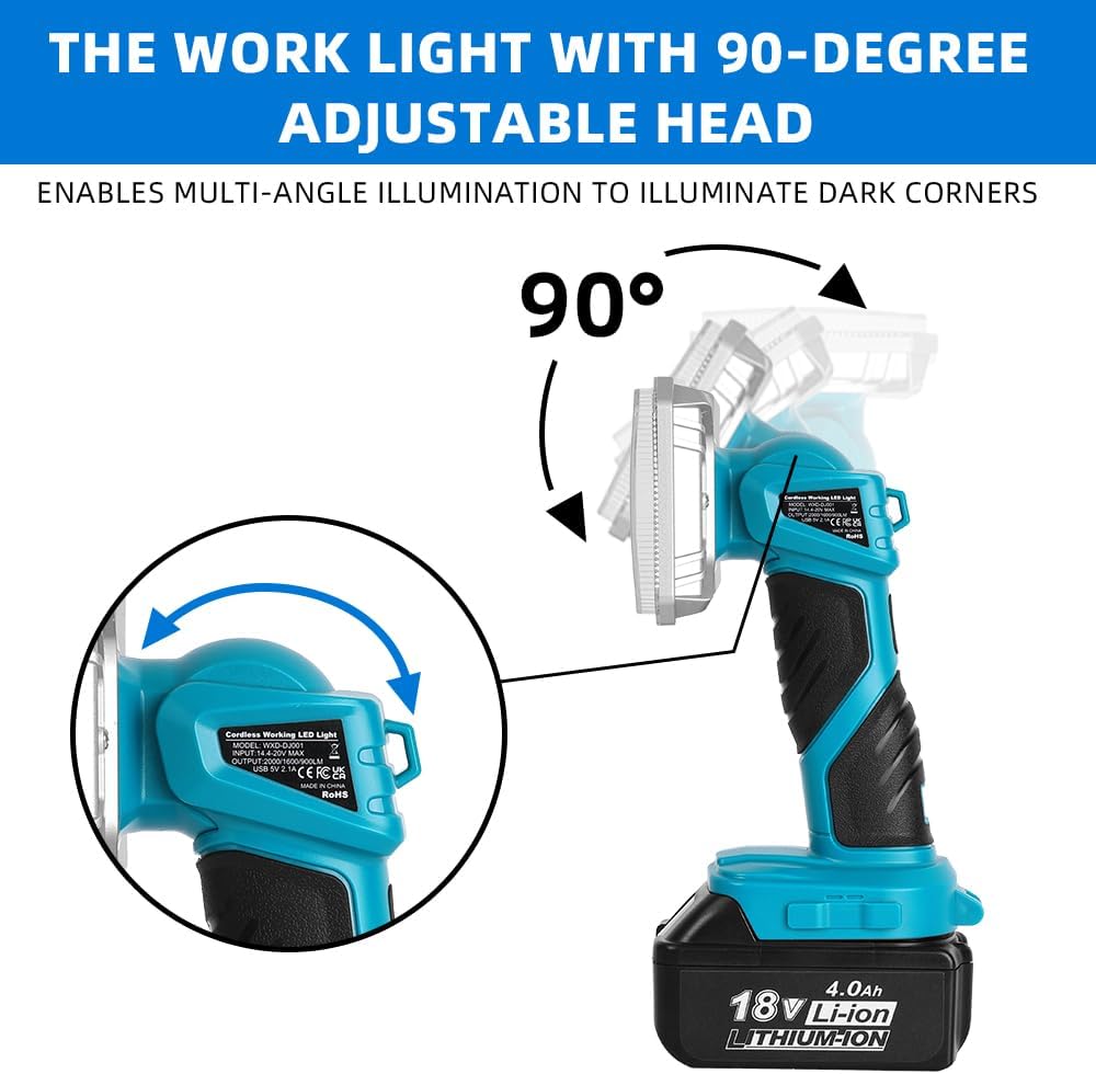 Cordless Working LED Light Compatible with Makita Lithium Ion Battery, 2000LM Portable Work Light with 3 Modes, 90 Degree Pivoting Al Alloy Head for Indoor Outdoor Use(Battery Not Included)
