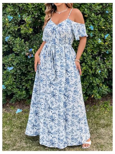 Image of Floerns Women's Plus Size Cold Shoulder Short Sleeve Split Thigh Long Dress