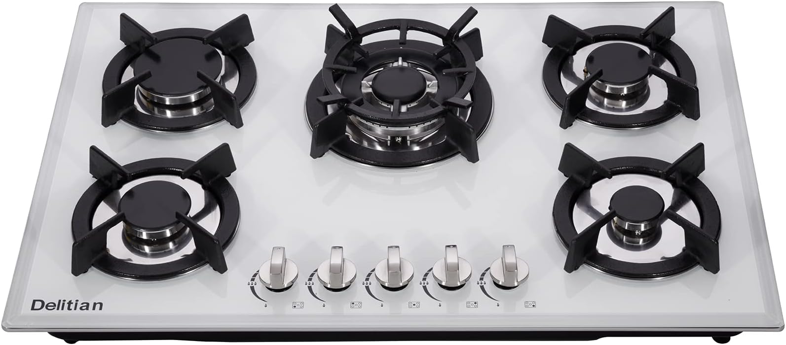 - 30 Inch Gas Cooktop DTW5701 White Tempered Glass Stovetop, 5 Burners LPG/NG Convertible Stove Thermocouple Protection Cooktop