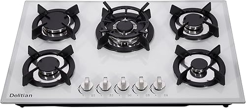 Estufa de gas de 30 pulgadas DTW5701 - Estufa de gas de vidrio templado blanco, 5 quemadores de gas GLPNG, estufa de gas convertible con protección