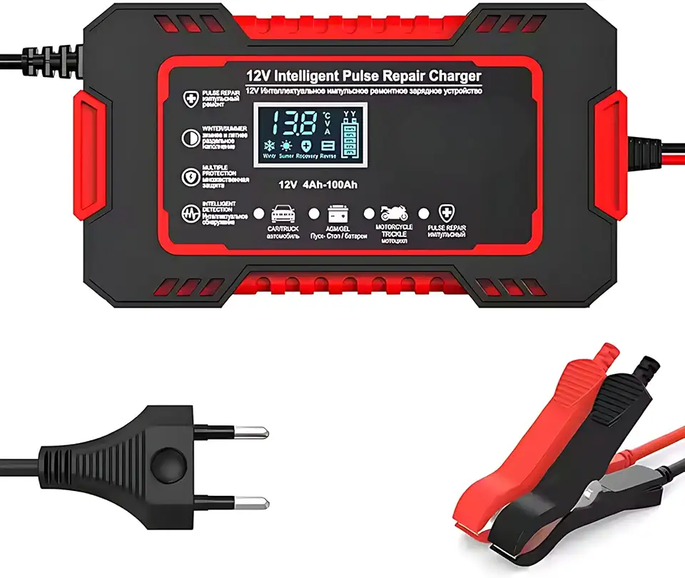 Carregador Inteligente de Bateria 12V Automotivo com Display Digital, Função Reparadora, Proteção de Segurança e Compatível com Carros e Motos - Pratiarejo®