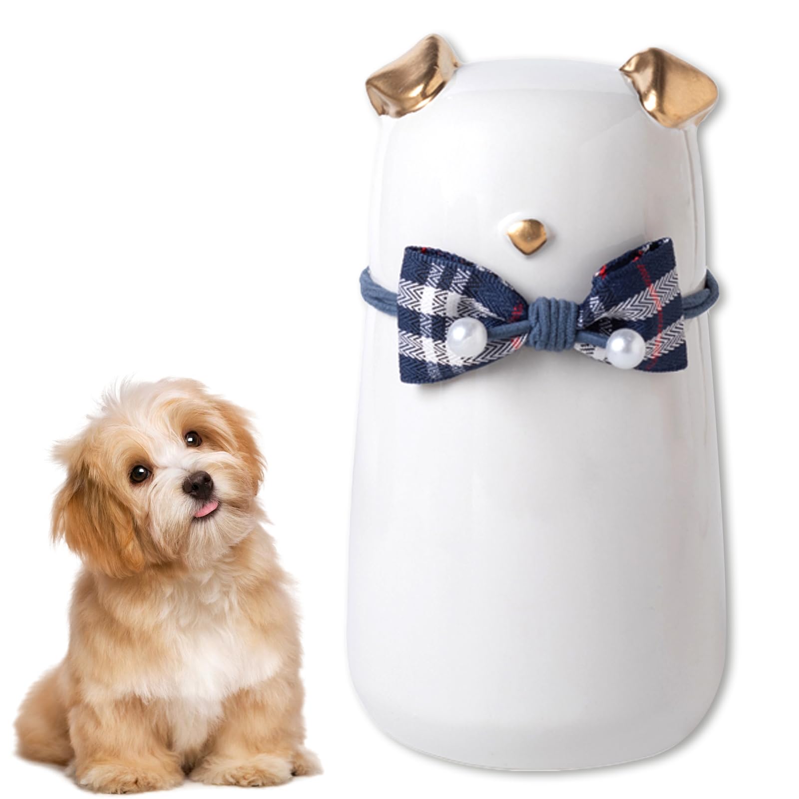 Duuclume Cute Memorial Pet Urn for Dogs Cats,Ceramic Bow Tie Dog Shaped Keepsake Box, Holds Ashes of Small Pets,Forever Keeps Memories,Lovely Home Decoration (Gold white)