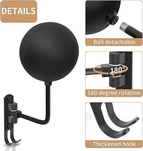 Miniatura 3 de Soporte para casco de motocicleta, soporte de pared, rotación de 180 con 2 ganchos para abrigos, gorras, accesorios de motocicleta (negro, 1 unidad)