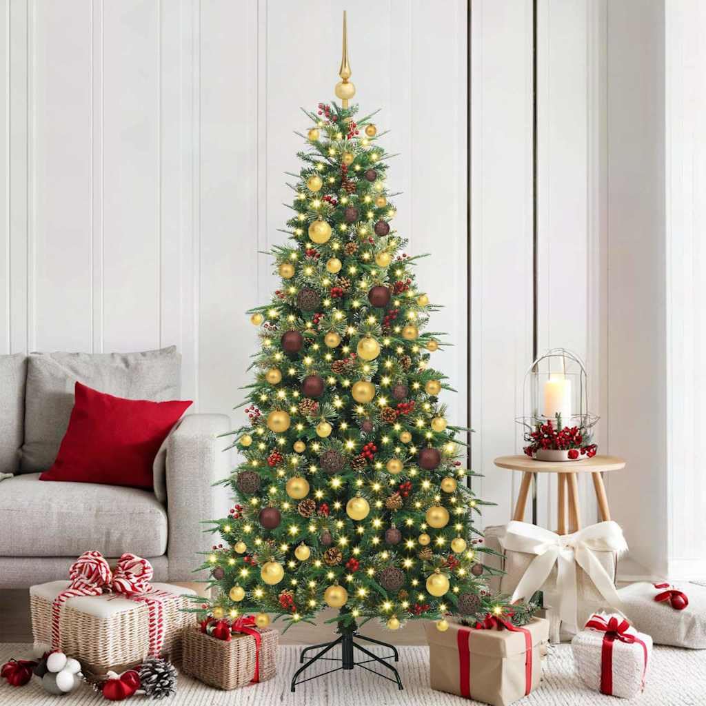 vidaXL Albero di Natale Artificiale con Rami Pieghevoli Verde 180 cm, Albero di Natale a forma di cono, decorazione resistente, luci festive con stringa bianca calda