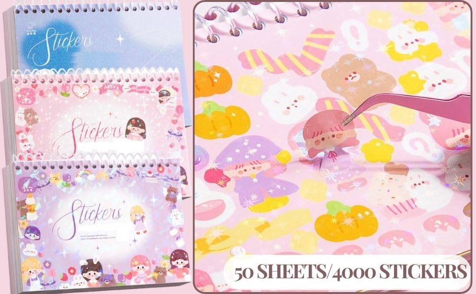 Image of FAMOUS QUALITY Kawaii Stickers Book - 50 Sheets /4000 Stickers, Cartoon Theme Sticker for Girls, Cute Washi Sticker for Project, Japanese Style Decorative Sticker, Self-Adhesive (Sweet Purple)