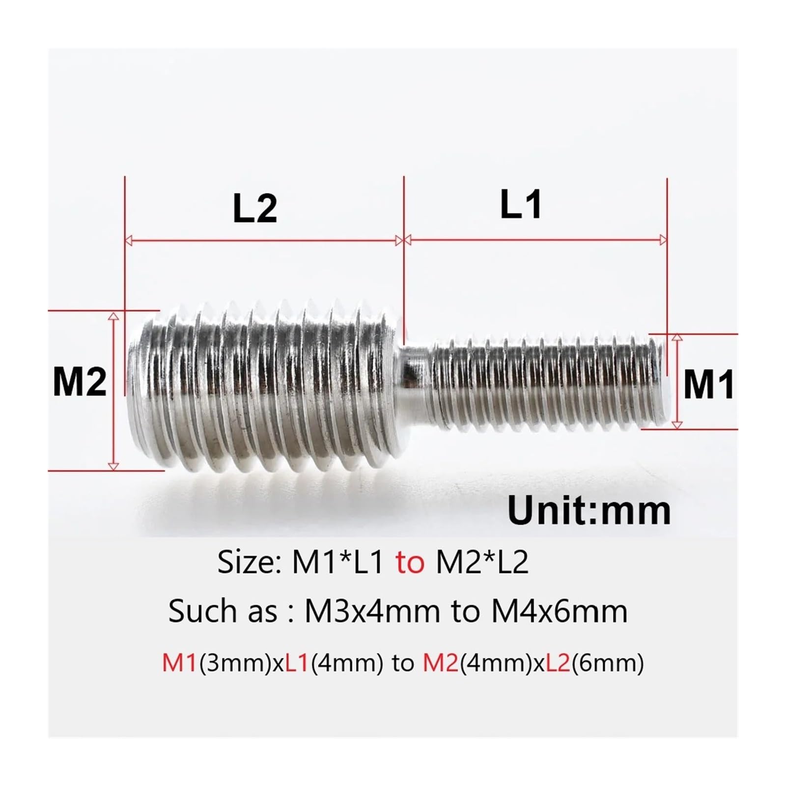 adaptador roscado, Tornillo convertidor de perno sin cabeza doble extremo acero(M10x25mm to M20x25mm)