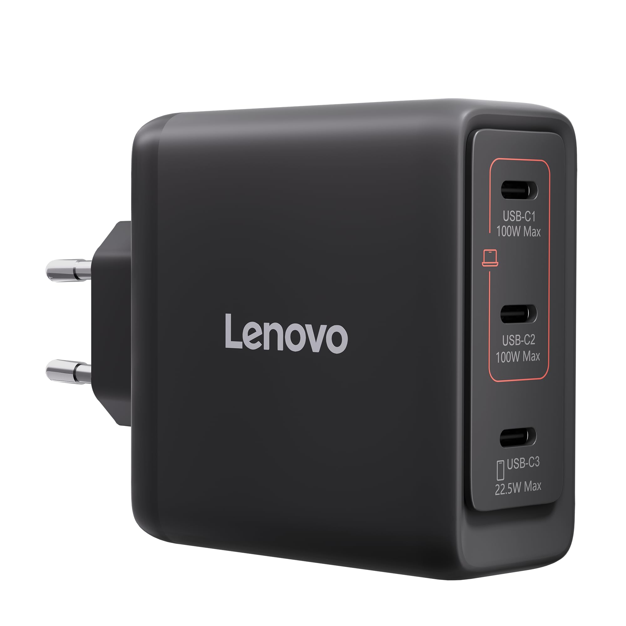 Lenovo Multi-port USB-C 100W GaN Charger, caricatore con 3 porte USB-C e output fino a 100W o 65W+20W+10W, per notebook e dispositivi mobili