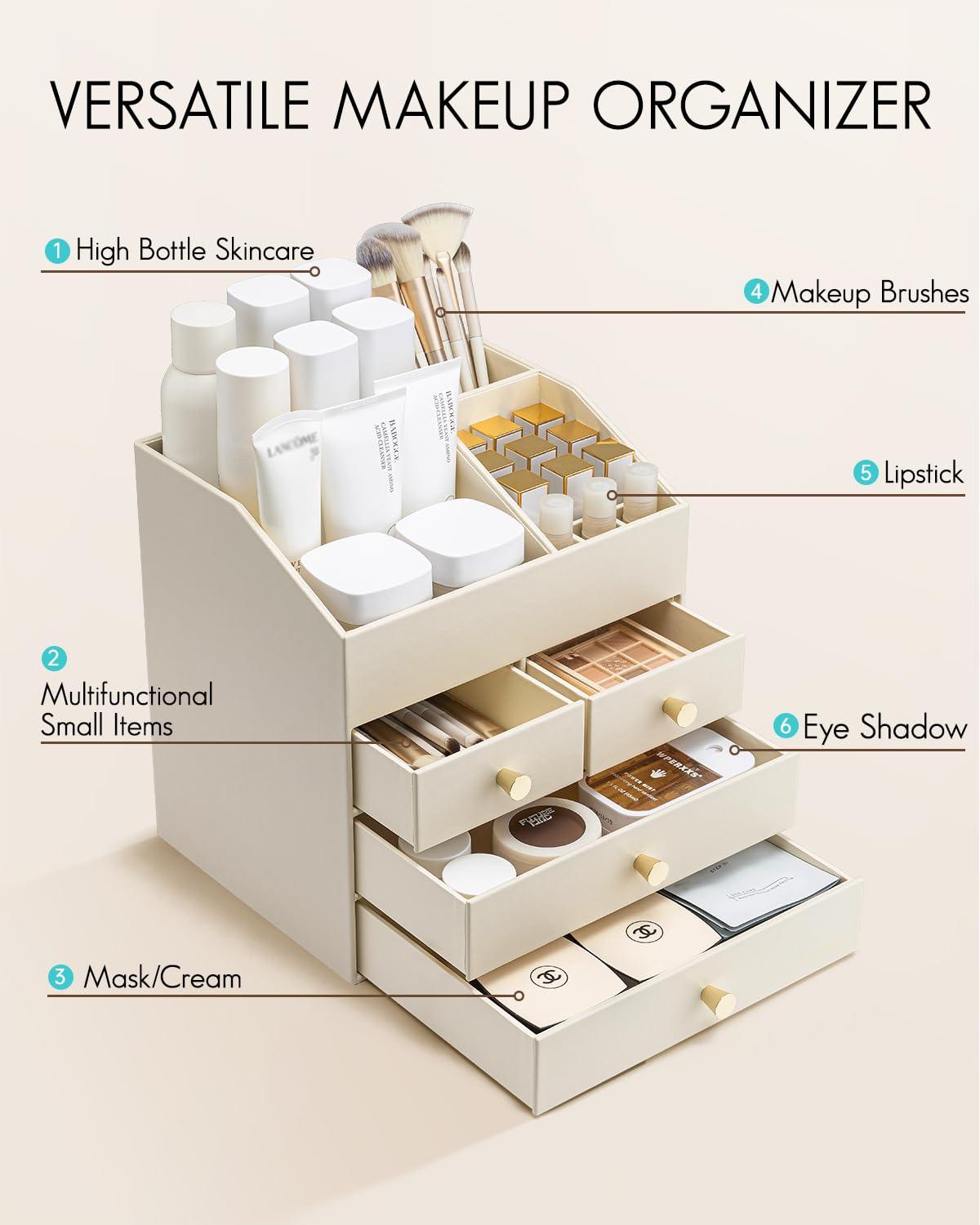 VLANDO Make up Organizer mit 4 Schubladen, Kosmetik Organizer für Badezimmer, Beige