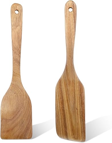 2PCS Wooden Spatula for Cooking Utensils, Long Handle Wood Turner for Non-Stick Cookware Spoon Pancake Turner Scraper Natural Teak Wooden Utensil
