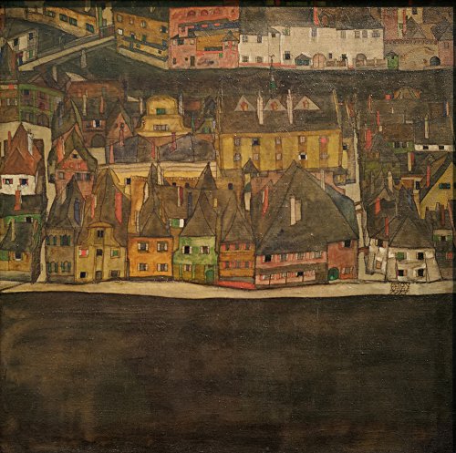 Cuadro Egon Schiele de The Small Town II para decorar tu salón con marco marrón mate