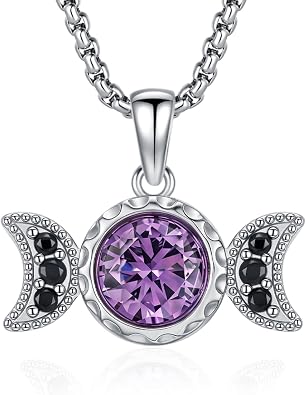 Hecate Necklace Opal Triple Moon Goddess Hekate Amethyst Zircon Birthstone Pendant for Women Men 925 Sterling Silver Hecate Ancient Greek Mythology Witchcraft Magic Amulet Jewelry Gifts