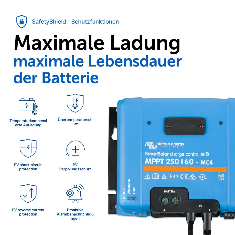 Victron Energy SmartSolar MPPT MC4 250V 60 Amp 12/24/36/48-Volt Solar Laderegler (Bluetooth) | Bluetooth MPPT Solarladeregler für Solarmodule mit MC4 Anschluss