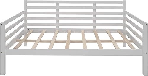 Miniatura 5 de RUNWON Sofá cama de madera tamaño matrimonial con líneas limpias, marco de sofá cama con soporte de listones de madera para sala de estar,