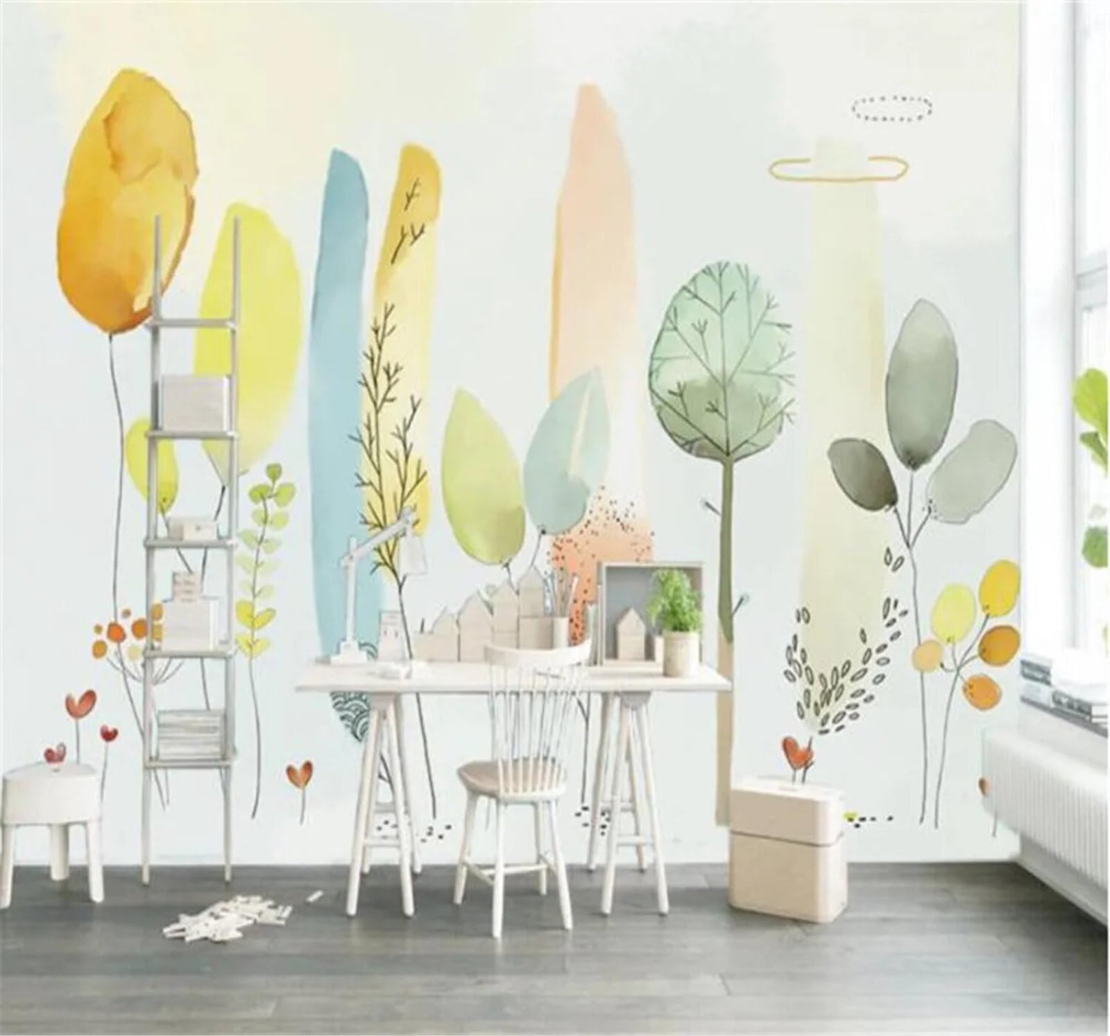 Tzxztt Minimalist Hand Drawn Cartoon Trees Unique Modern 3D Wallpaper Premium Textured Silk Neutral Tones Material Ideal for Living Room Bedroom-150cm×105cm
