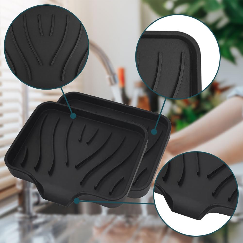 2 Pcs Silicone Soap Dish with Drain, Bathroom and Kitchen Shower Sink Organizer, Sponge Holder for Kitchen Sink, Perfect for Dispenser,Scrubber,Bottle,Cup on Sink, Soap Holder (Black+Black)