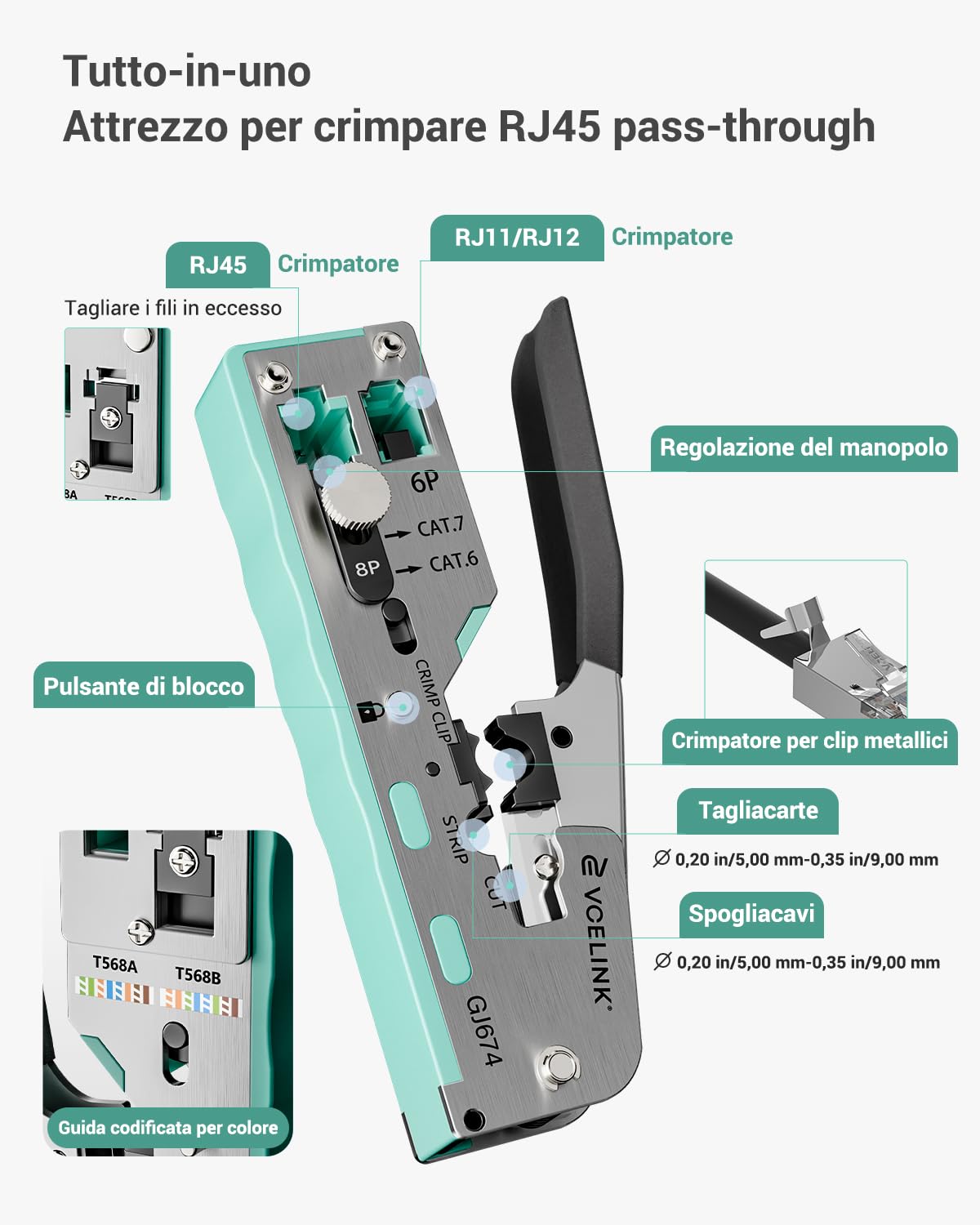 Crimpare Ethernet Cat 6 Pinza Crimpatrice RJ45 Professionale | Per Connettori CAT7 Passanti RJ11/RJ12 Strumento Crimpatura Cavi Rete - Foto 3