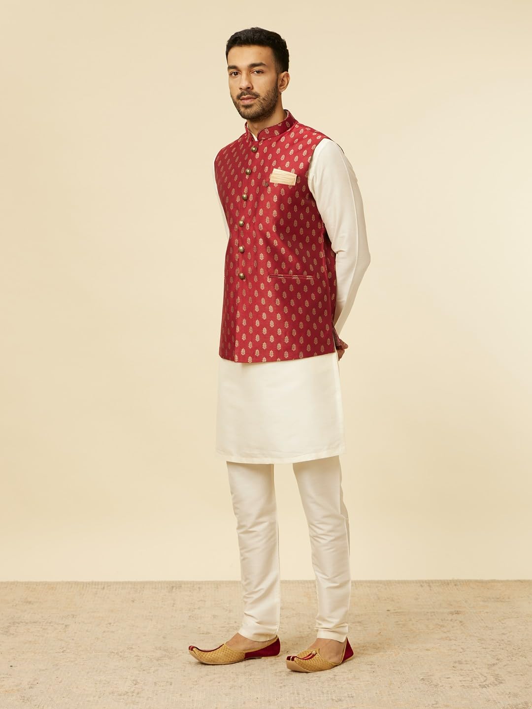 Manyavar Maroon Art jedwabne kurtki z nadrukiem liści