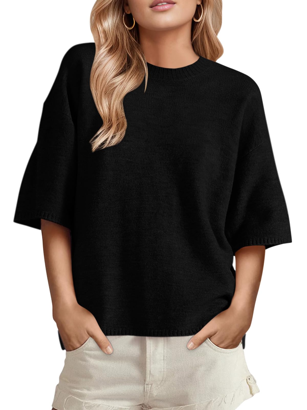 Womens Short Sleeve Sweater Oversized Crewneck Cozy Knit Pullover Tops Trendy 2026 Business Casual Tee Shirts