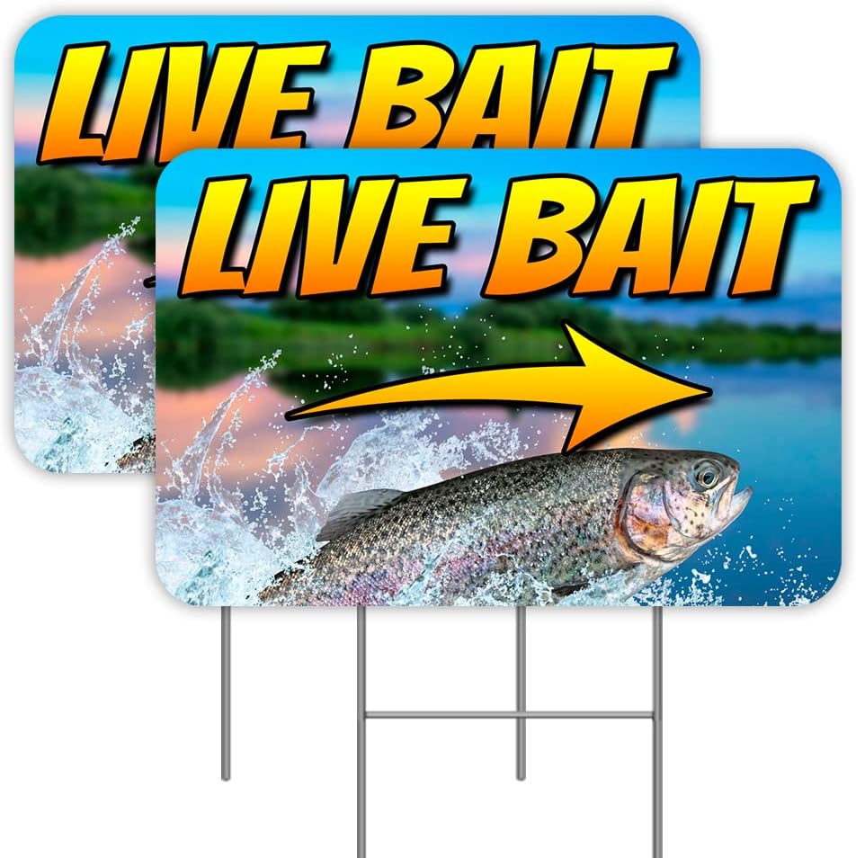 Live Bait (Arrow) 2 Pack Double-Sided Yard Signs 16" x 24" with Metal Stakes (Made in the USA)