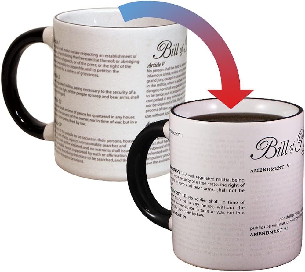 Color Changing Disappearing Civil Liberties Mug - Hot Coffee Transforms the Bill of Rights, Comes in Gift Box, 12oz