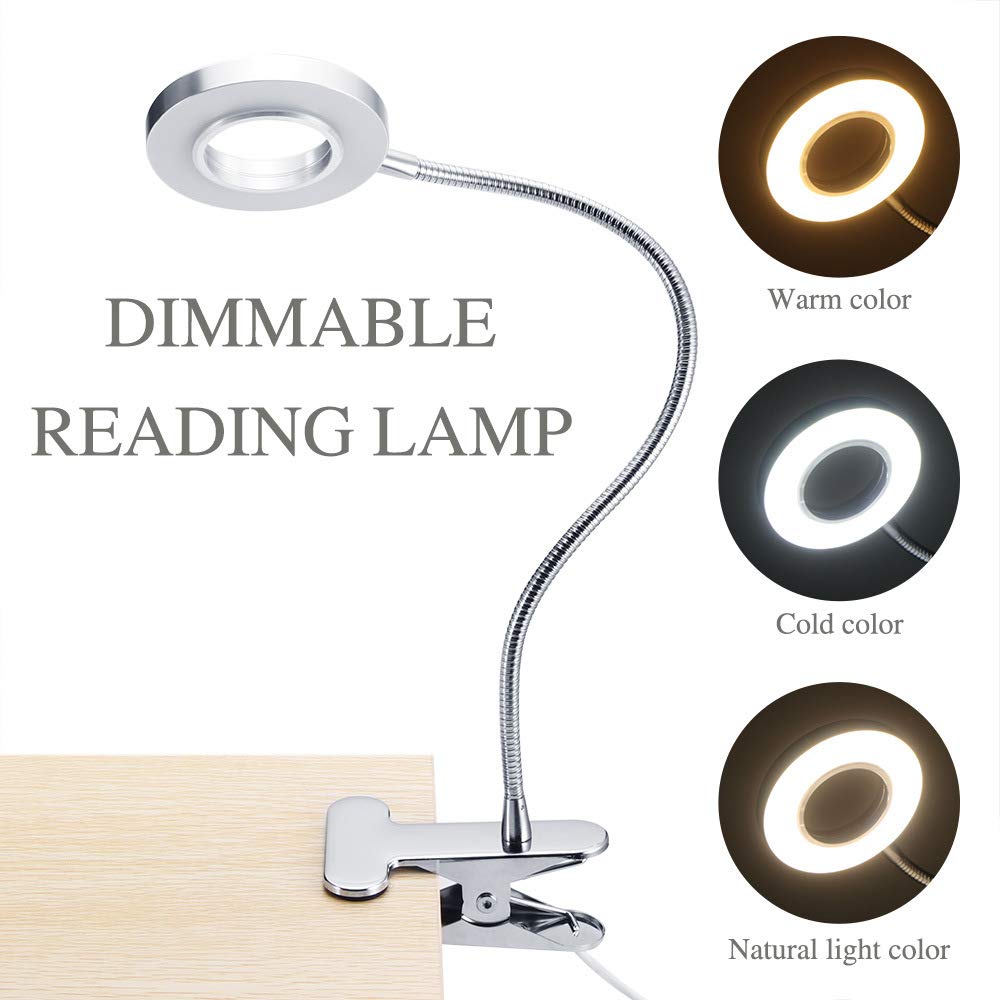 Lampe bureau LED à clip USB, lampe lecture réglable à 3 modes, lampe à pince avec interrupteur à lumière naturelle 6 W, col cygne flexible à 360 degrés pour étude, lecture, travail, tatouage, cheve