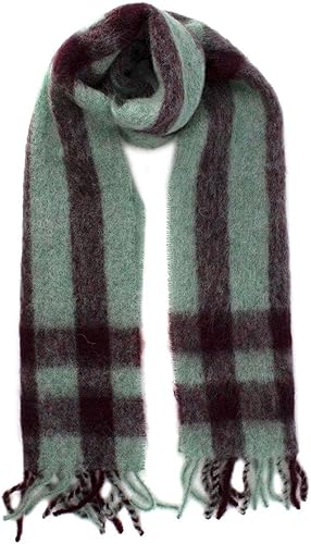 Mulberry Pre-Loved Bufanda de alpaca y mohair con cuadros en verde menta y burdeos