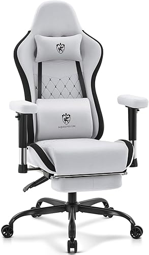 Silla de juegos de tela transpirable, silla de oficina para computadora con reposapiés, soporte lumbar de masaje y almohadilla de gel, silla