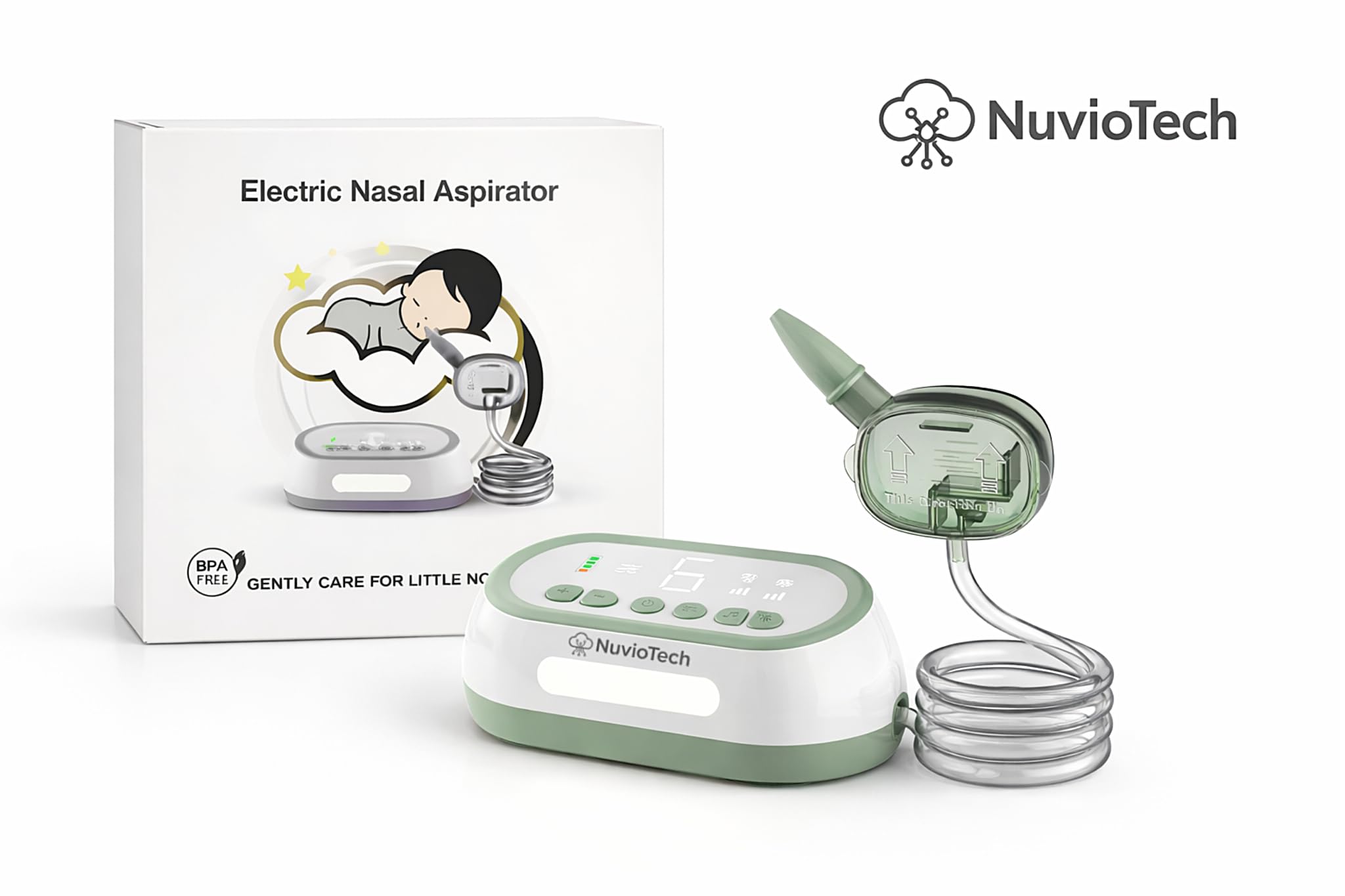 Aspiratore Nasale Elettrico NuvioTech, per Neonati e Bambini, ricaricabile, Funzione aspirazione pulsata, Display Digitale, Funzione Musicale e Luminosa, Include 50 Filtri e Accessori