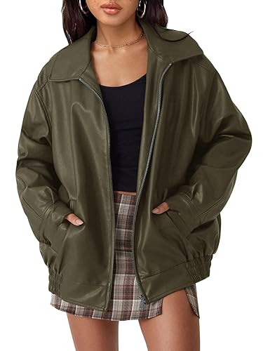 AUTOMET Women's Oversized Faux Leather Jacket - Fall Motorcycle Style Coat with Zipper Closure - Small - Armygreen