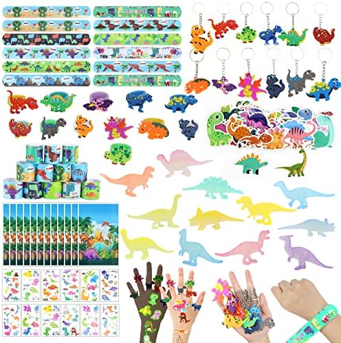 Dreamtop 122 Pcs Dinosaur Party Favours Dinosaur Party Bags Fillers Dinosaurs Keychains Slap Bands Rings Stickers Tattoos Dinosaur Figures Toy Party Bag Dinosaur Themed Birthday Supplies for Kids Gift