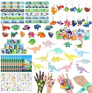 Dreamtop 122 Pcs Dinosaur Party Favours Dinosaur Party Bags Fillers Dinosaurs Keychains Slap Bands Rings Stickers Tattoos Dinosaur Figures Toy Party Bag Dinosaur Themed Birthday Supplies for Kids Gift
